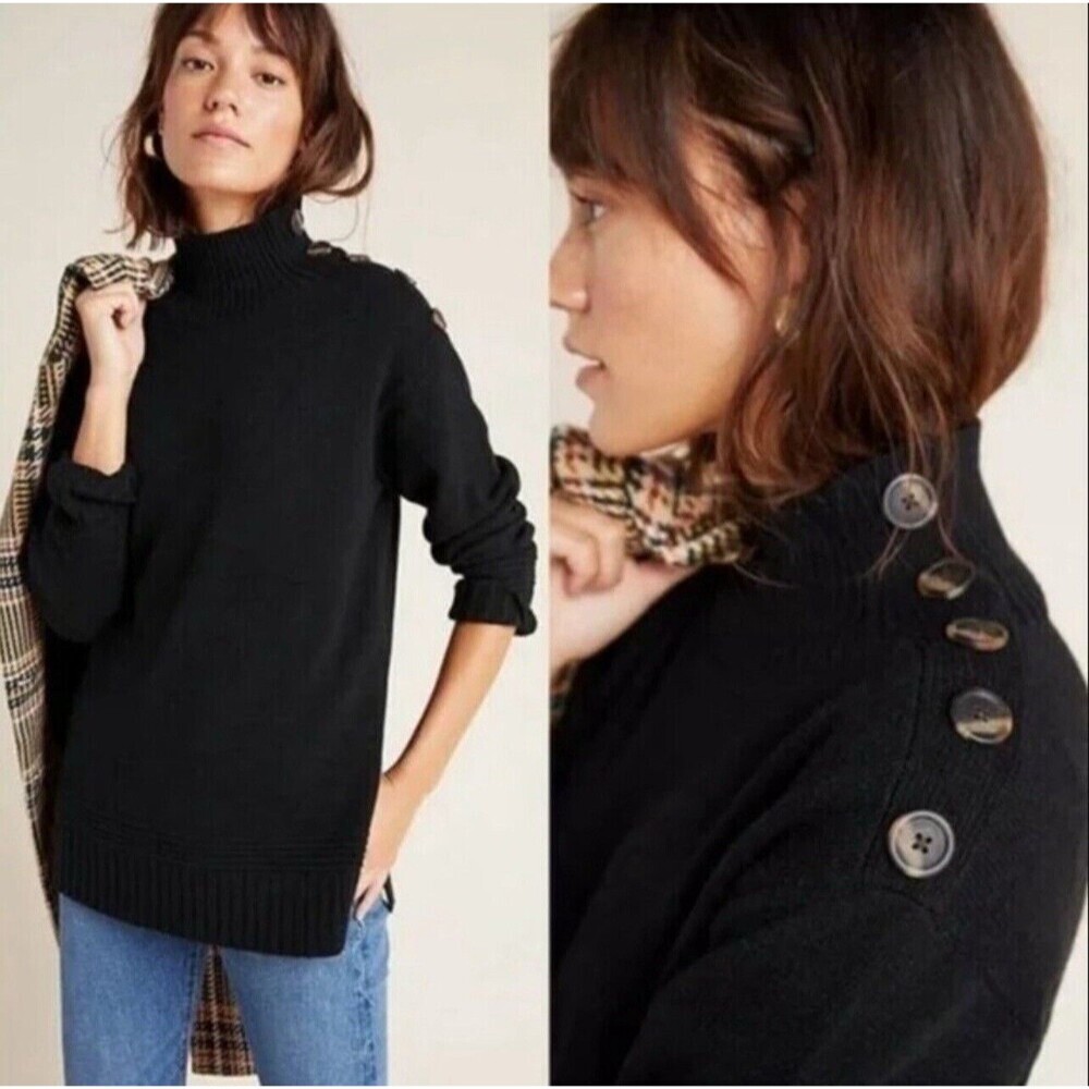Anthropologie Women's Size Small Button Mock Neck Black Cozy Sweater Casual